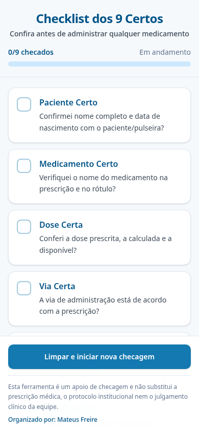 Tela real do Checklist dos 9 Certos com 0/9 checados